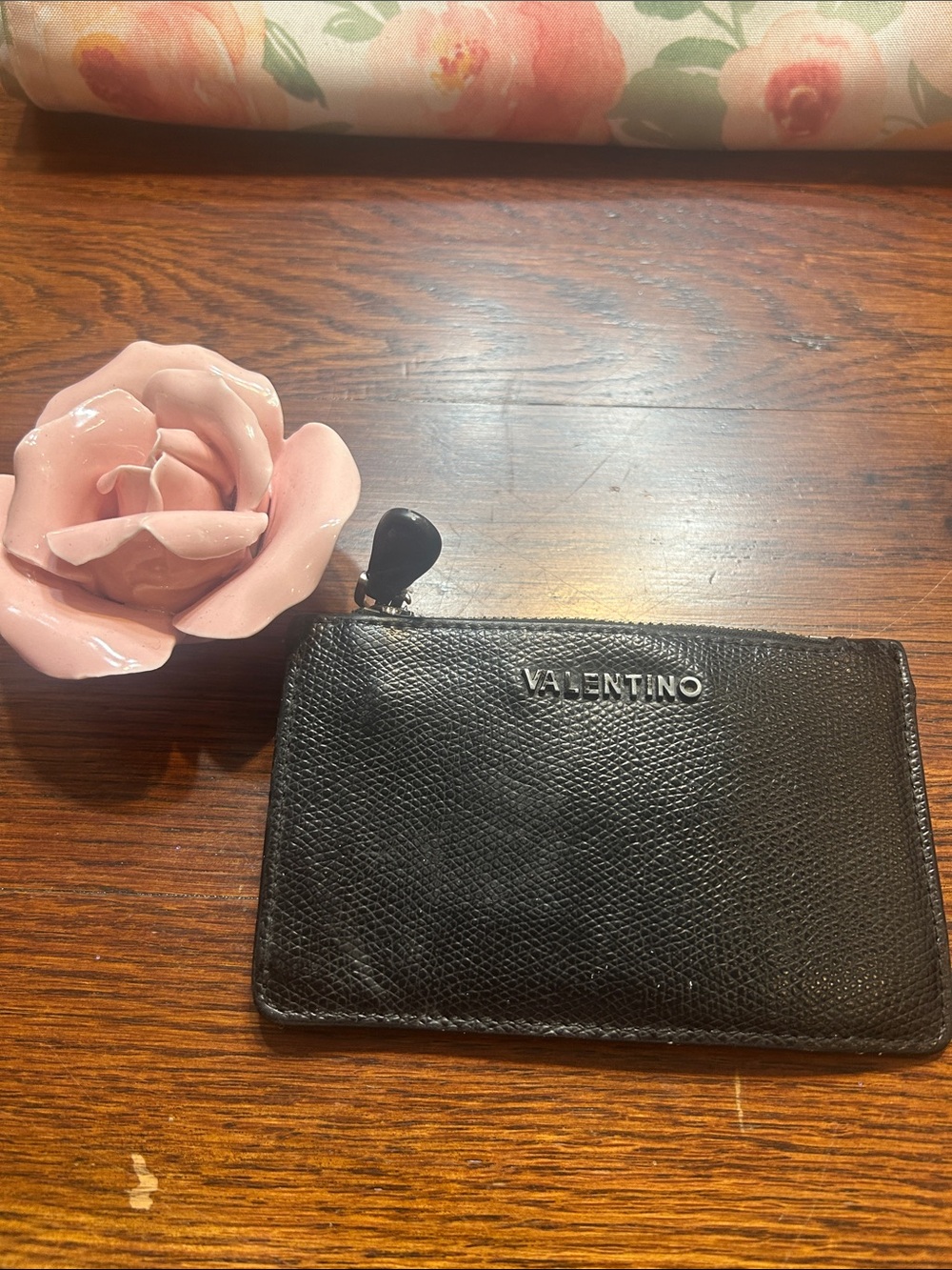Valentino Black Pebbled Leather Zip Card Holder